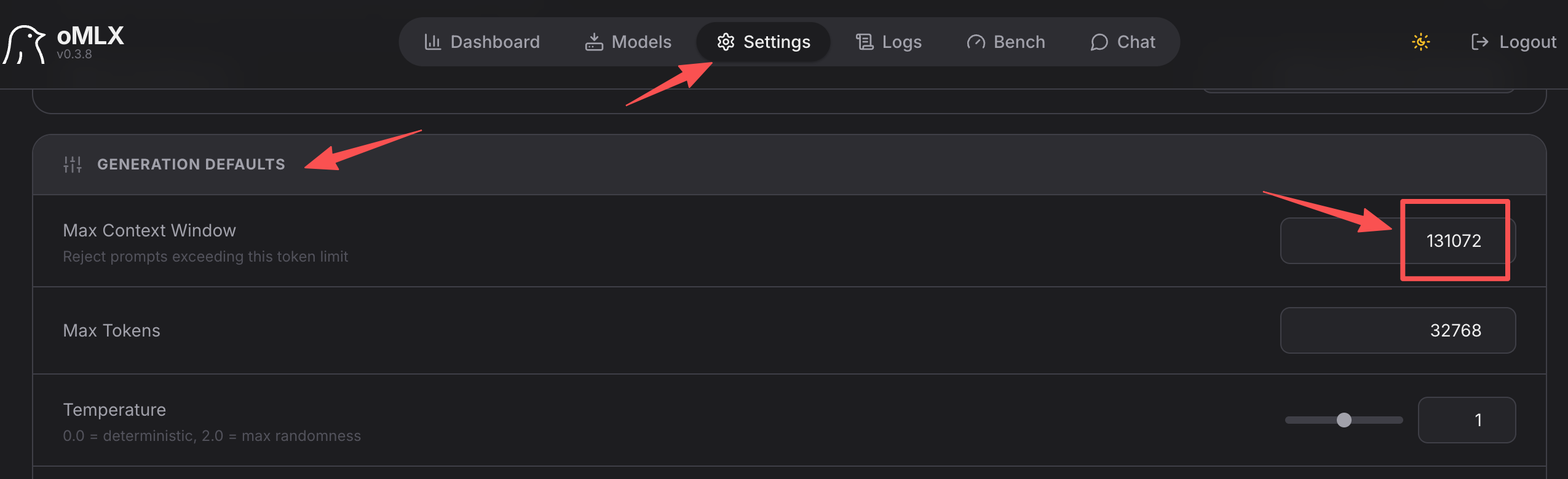 oMLX Settings 页面修改 Max Context Window